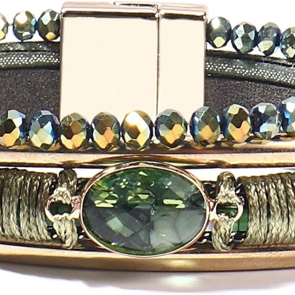 Boho Leather Wrap Bracelet Crystal Beads Green Stone Cuff